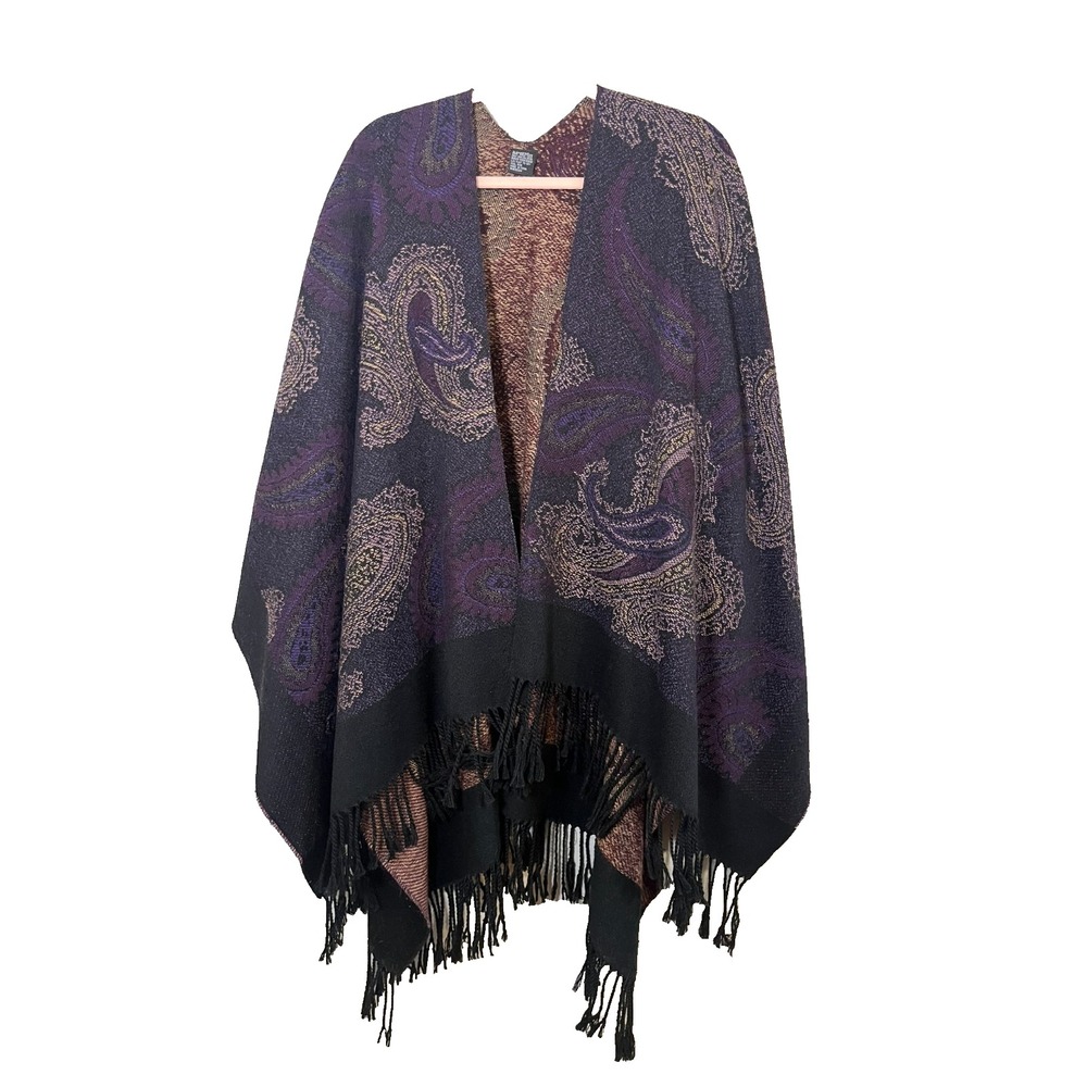 Colorful Floral Fringe Cape OS Paisley Boho Indie Folk Earthy Lagen Preppy 80s